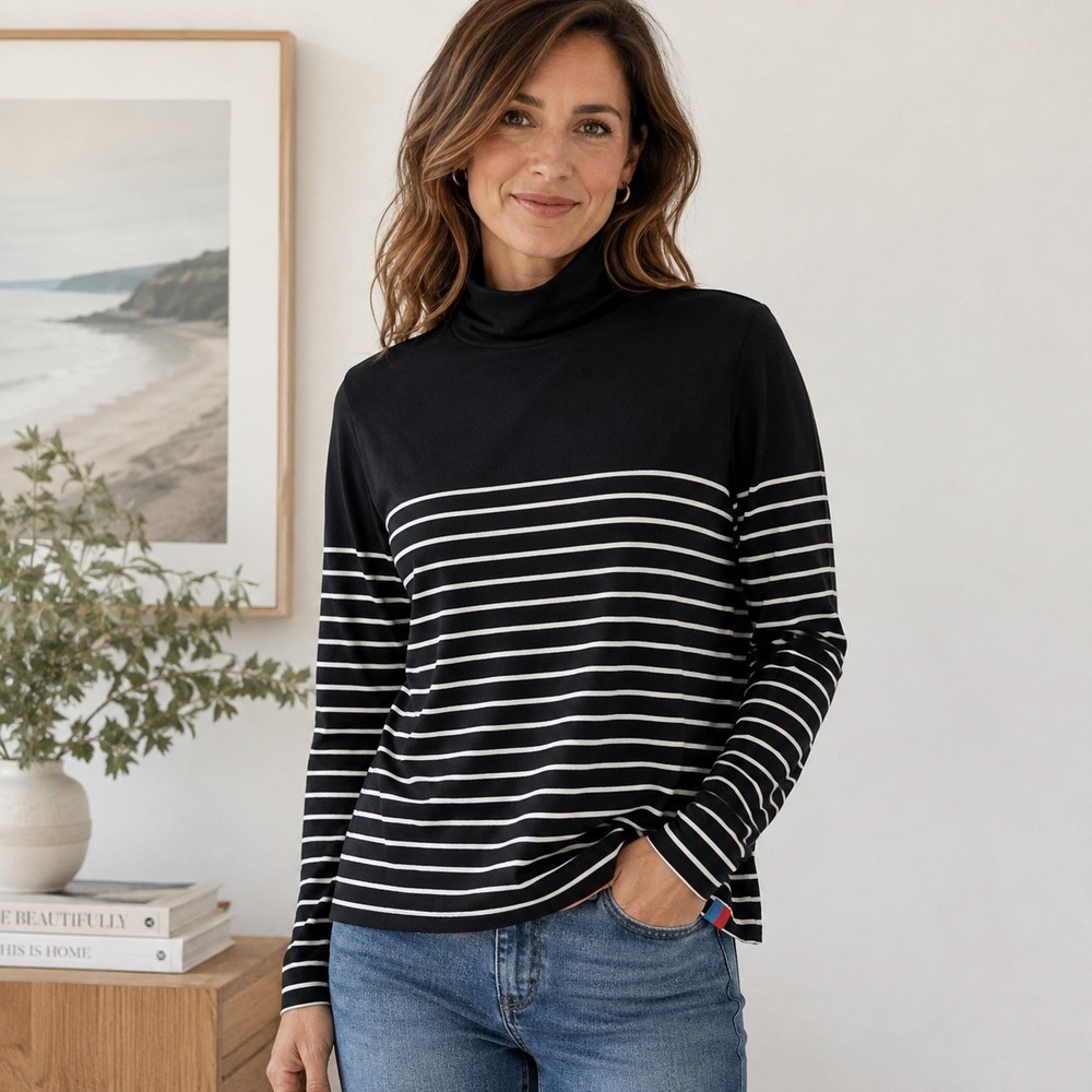 KULE Black White Striped Cotton Turtleneck Breton Top XL Made in Portugal
